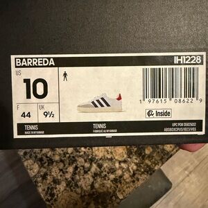 Brand New Adidas Barreda White Sneakers with Black Stripes and Red Heel Tab